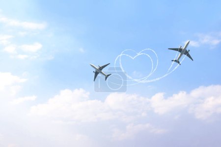 Téléchargez les photos : Fond naturel horizontal avec deux avions dessinant un cœur dans le ciel. Itinéraire de vol d'un aéronef en forme de cœur. Le concept de l'amour du voyage - en image libre de droit
