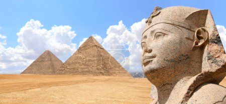 Photo for Horizontal banner with stone sphinx statue and famous Great Pyramids of Chephren and Cheops, Giza pyramid complex (Giza Necropolis), Cairo, Egypt. Two Great Pyramids in desert and face of sphinx - Royalty Free Image