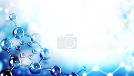 Téléchargez les photos : Horizontal banner with model of abstract molecular structure. Background of blue color with glass atom model. Copy space for your text. 3d render - en image libre de droit