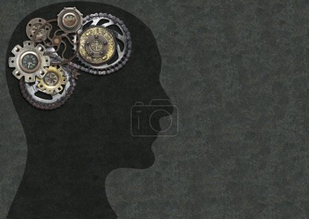 Foto de Fondo horizontal estilo steampunk con forma de cabeza humana y cerebro hecho de engranajes. Perfil de hombre y engranajes vintage. Poder de la mente, psicología, concepto de salud mental. Copiar espacio para texto - Imagen libre de derechos