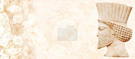 Téléchargez les photos : Grunge toile de fond avec bas-relief du visage du guerrier assyrien, Persépolis, Iran. Fond horizontal avec image en relief homme barbu persan. Modèle maquillé. Espace de copie pour le texte - en image libre de droit