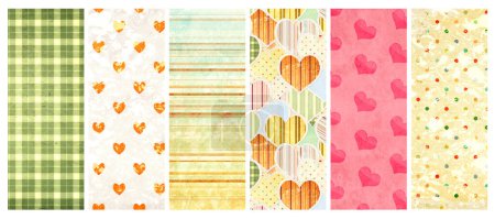 Photo for Set of vertical or horizontal banners with old paper texture and retro patterns with strips, dots and hearts. Vintage backgrounds with grunge paper material. Copy space for text - Royalty Free Image