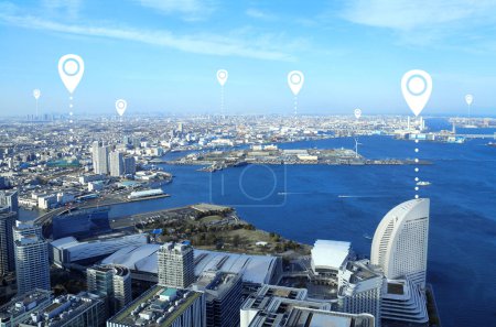 Network connection concept. Aerial view on Yokohama city and Tokyo Bay with white location pin. Global positioning system pin map. Modern travel, sightseeing and tourism concept
