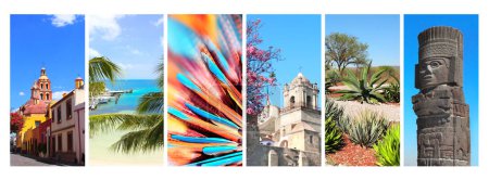Sammlung vertikaler Banner mit berühmten Wahrzeichen Mexikos. Kathedrale in Puebla, historische mittelalterliche Häuser in Queretaro, Atlantik in Tula, Kakteengarten, Sandstrand und Karibik in Cancun