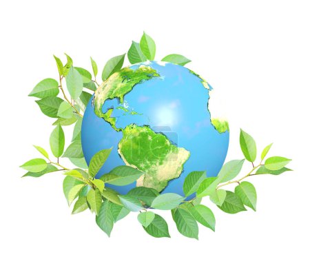 Photo for Earth day. Earth on green leaves. Ecology, go green, environmental and conservation protection concept. Isolated on white background. 3d render - Royalty Free Image