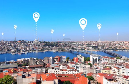 Network connection concept. Aerial view on  Istanbul with location pin. Global positioning system pin map. Map pins with top view on Istanbul, Suleymaniye Mosque and Bosphorus, Turkey 