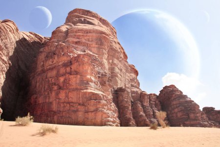 Foto de Fantástico paisaje con desierto de arena, roca y planetas en el cielo. Hermoso paisaje con arena roja, tres planetas en el cielo azul y montañas rocosas. 3d renderizar - Imagen libre de derechos