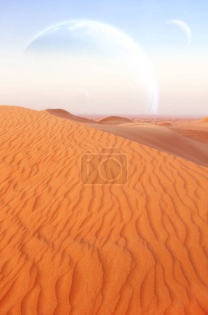 Foto de Fantástico paisaje con desierto de arena y planetas en el cielo. Hermoso paisaje con dunas de arena roja y tres planetas en el cielo azul. 3d renderizar - Imagen libre de derechos