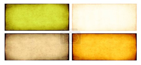 Foto de Conjunto de pancartas horizontales o verticales con textura de cartón de color verde, amarillo y beige. Colección de telón de fondo con textura de papel. Fondo de cartón de papel. Material de cartón reciclado - Imagen libre de derechos