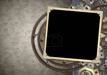 Grunge retro background in steampunk style with photo frame, vintage metal details, pipelines, gear. Mock up template. Copy space for text. Can be used for steampunk, industrial, mechanical design