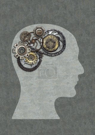 Foto de Fondo vertical estilo steampunk con forma de cabeza humana y cerebro hecho de engranajes. Perfil de hombre y engranajes vintage. Poder de la mente, psicología, concepto de salud mental. Copiar espacio para texto - Imagen libre de derechos