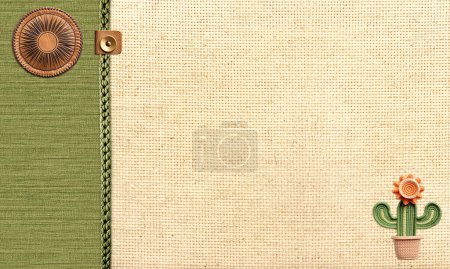 Travel background with beige and green canvas texture, leather label and knitted cactus. Ecology, environmental conservation and zero waste concept. Mock up template. Copy space for text