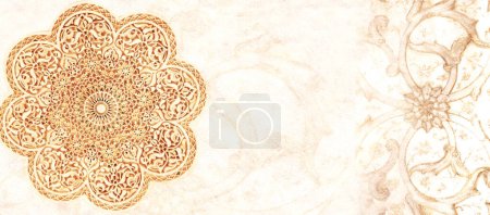 Foto de Fondo grunge con textura de piedra y antiguo ornamento tallado, Marruecos. Banner horizontal o vertical con adorno en estilo marroquí. Plantilla falsa. Copiar espacio para texto - Imagen libre de derechos