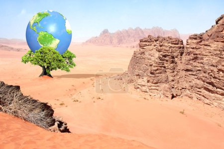 Tag der Erde. Planet auf grünen Blättern auf Bäumen in Sandwüsten. Ökologie, Go Green, Umwelt- und Naturschutz. Konzept der globalen Warnung, des Klimawandels und der sterbenden Erde. 3D-Darstellung