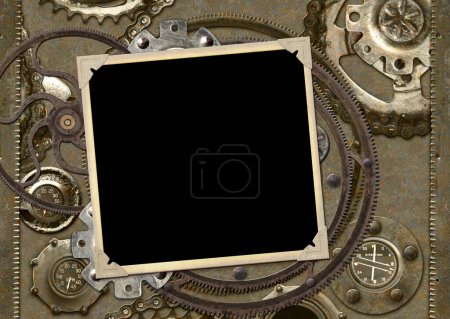 Grunge retro background in steampunk style with photo frame, vintage metal details, pipelines, gear. Mock up template. Copy space for text. Can be used for steampunk, industrial, mechanical design