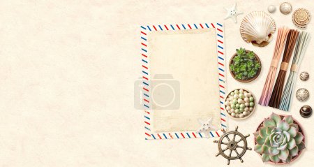 Photo for Travel background with retro postcard, ceramic bead, starfish, succulent, flavour sticks, shell. Ecology, environmental conservation and zero waste concept. Desktop mock-up scene. Copy space for text - Royalty Free Image