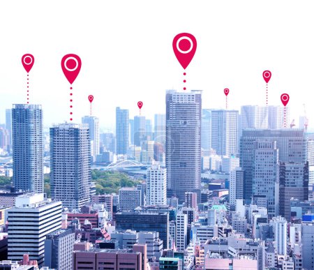 Network connection concept. Aerial view on Tokyo capital city of Japan with red location pin. Global positioning system pin map. Map pins in Tokyo. Modern travel, sightseeing and tourism concept