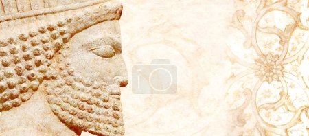 Photo for Grunge backdrop with bas-relief of face of assyrian warrior, Persepolis, Iran. Horizontal background with embossed image persian bearded man. Mock up template. Copy space for text - Royalty Free Image