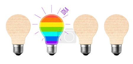 Photo for To be yourself, to be unique. Not like most. Three light bulb in paper cut style and one colorful light bulb. Individuality, stand out from crowd, creative idea, be a different, independence concept - Royalty Free Image