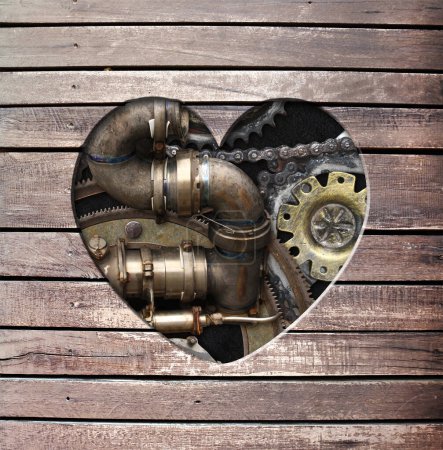 Photo for Retro background in steampunk style with heart-shaped hole in wooden boards and vintage metal machine details, pipeline, gear. Copy space for text. Can be used for industrial, mechanical design - Royalty Free Image
