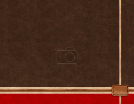 Téléchargez les photos : Fond horizontal ou vertical en cuir de couleurs marron et rouge, bandes décoratives de garniture en cuir et étiquette vierge. Fond décoratif avec texture en cuir de vache et étiquette en cuir. Espace de copie pour le texte - en image libre de droit