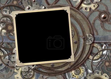 Photo for Grunge retro background in steampunk style with photo frame, vintage metal details, pipelines, gear. Mock up template. Copy space for text. Can be used for steampunk, industrial, mechanical design - Royalty Free Image