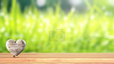 Photo for Horizontal banner with wooden heart on tabletop. Ecology, global ecological resource, eco, go green and zero waste concept. Environmental and conservation protection background. Copy space for text - Royalty Free Image