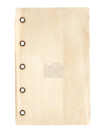Foto de Paper sheet with retro bronze clips. Vintage piece of old notebook page. Isolated on white background - Imagen libre de derechos