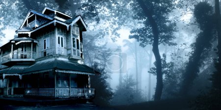 Téléchargez les photos : Bannière horizontale Halloween avec maison hantée. Ancienne maison abandonnée dans la forêt nocturne. Maison coloniale effrayante dans une forêt mystérieuse. Photo tonique en couleur bleue - en image libre de droit