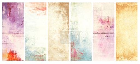 Set of banners with bright colorful watercolor stains on retro paper texture. Colorful splatter stain on cardboard background. Collection of horizontal or vertical backdrop with smeared paint