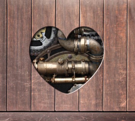 Photo for Retro background in steampunk style with heart-shaped hole in wooden boards and vintage metal machine details, pipeline, gear. Copy space for text. Can be used for industrial, mechanical design - Royalty Free Image