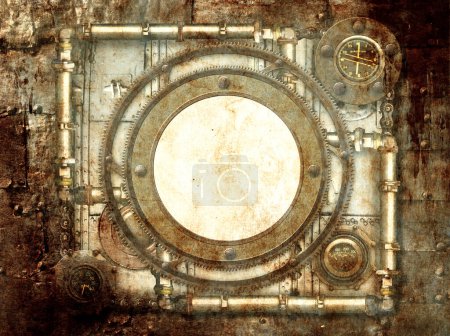 Grunge retro background in steampunk style with paper texture, frame with vintage metal details, pipelines, gear. Mock up template. Copy space for text. Can be used for industrial, mechanical desig