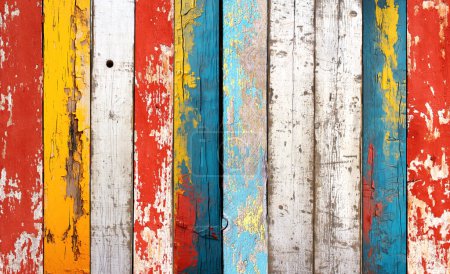 Téléchargez les photos : Texture de panneaux de bois vintage avec peinture fissurée de couleur blanche, rouge, jaune, verte et bleue. Fond rétro horizontal avec de vieilles planches en bois de différentes couleurs - en image libre de droit