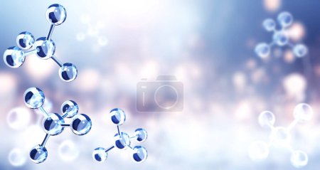 Photo for Horizontal banner with model of abstract molecular structure. Background of blue color with glass atom model. Copy space for your text. 3d render - Royalty Free Image