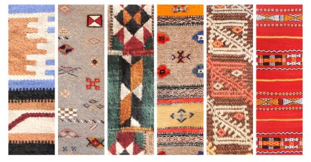 Foto de Conjunto de pancartas verticales u horizontales con texturas de alfombra de lana tradicional bereber con patrón geométrico, Marruecos, África - Imagen libre de derechos