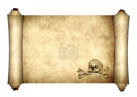Photo for Old parchment with human skull and crossbones. Pirate map mockup template. Isolated on white background. Copy space for text. 3d render - Royalty Free Image