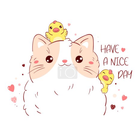 Téléchargez les illustrations : Have a nice day. Square card with cute animals - funny fat cat and two chickens. Can be used for design of t-shirt, poster, print, card. Vector illustration EPS8 - en licence libre de droit