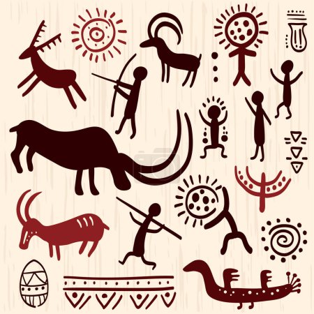 Illustration for Set with prehistoric rock painting petroglyphs depicting human and animal. Cave art with ancient wild animal, hunter and ornament - Royalty Free Image