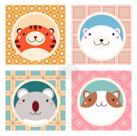 Illustration for Set of kawaii member icon. Cards with cute cartoon animals. Baby collection of avatars - Royalty Free Image
