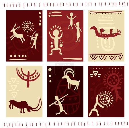 Illustration for Set of vertical gift tag, badge, sticker with prehistoric rock painting petroglyphs, human and animal - Royalty Free Image