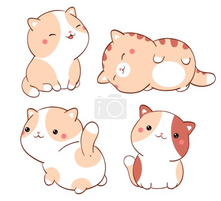 Ilustración de Set of cute fat cats kawaii style. Collection of lovely little kitty in different poses. Can be used for t-shirt print, stickers, greeting card design - Imagen libre de derechos