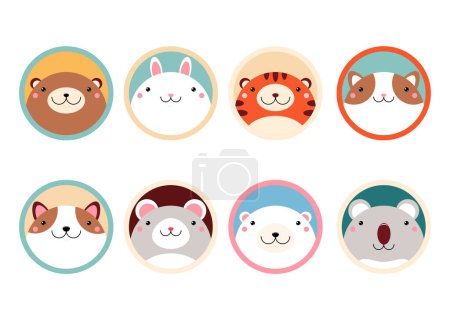 Téléchargez les illustrations : Set of kawaii member icon. Cards with cute cartoon animals. Baby collection of avatars - en licence libre de droit