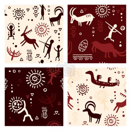 Ilustración de Set of seamless pattern with prehistoric petroglyphs - humans and animals. Vector illustration EPS8 - Imagen libre de derechos
