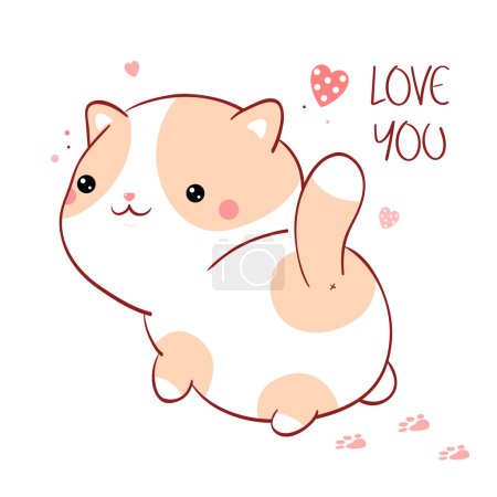 Téléchargez les illustrations : Cute Valentine card in kawaii style. Lovely fat cat with pink hearts. Inscription Love you - en licence libre de droit