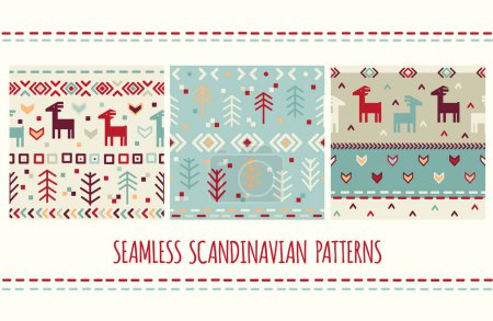 Ilustración de Set of seamless pattern with nordic tribal ornament with deer. Scandinavian style decor - Imagen libre de derechos
