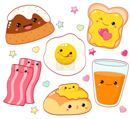 Frühstückszeit. Set von süßen Food-Ikonen im Kawaii-Stil für süßes Design. Rührei, Cupcake, Orangensaft, Butterbrötchen, Honigsandwich, Speck. Vektorabbildung EPS8  