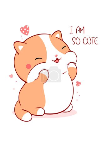 Illustration for Valentine card with cute fat cat kawaii style. A little kitten plays and laughs. Inscription I am so cute. Can be used for t-shirt print, stickers, greeting card - Royalty Free Image