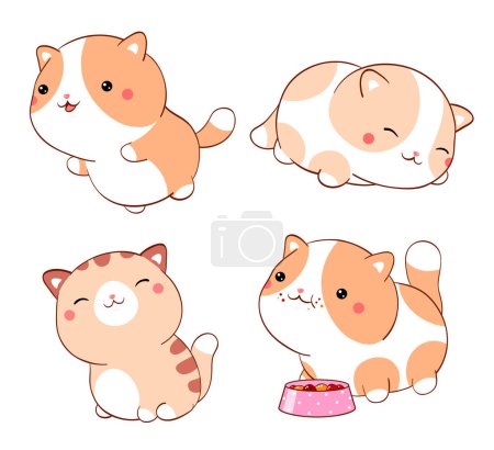 Téléchargez les illustrations : Set of cute fat cats kawaii style. Collection of lovely little kitty in different poses. Can be used for t-shirt print, stickers, greeting card design - en licence libre de droit