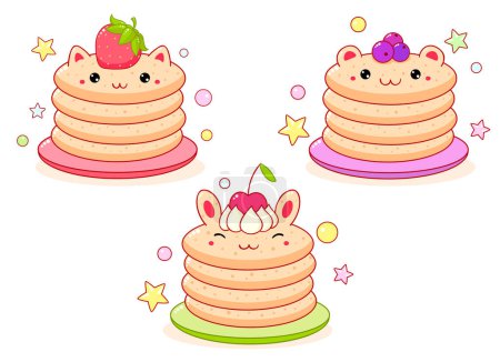 Ilustración de Breakfast time. Set of cute food icons in kawaii style for sweet design. Pancakes with fresh berries.  Stack of animal-shaped pancakes - bunny, cat, bear - Imagen libre de derechos