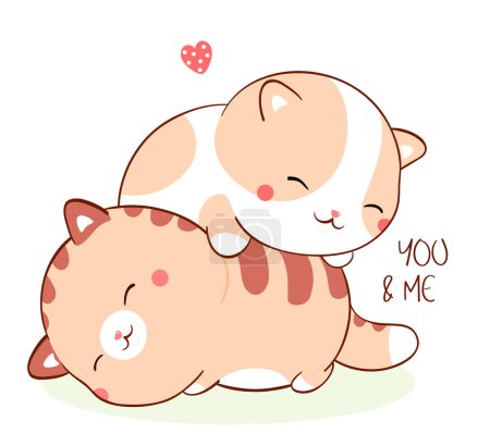 Téléchargez les illustrations : Square Valentine card with two sleeping fat kitty kawaii style. Greeting card with two cute little cats and inscription You and me. Can be used for t-shirt print, sticker. Vector illustration EPS8 - en licence libre de droit